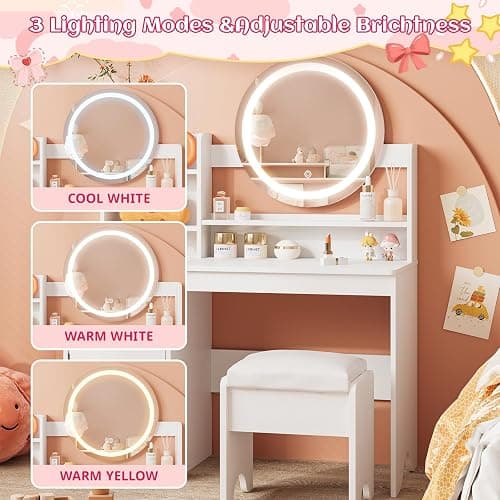 Vabches Kids Vanity with Lights, Toddler Vanity Table and Chair Set | Princess Makeup Vanity Desk with Open Bookshelf, Storage Cabinet & Shelves, Pretend Play Vanity Set for Little Girls, White thumbnail 3