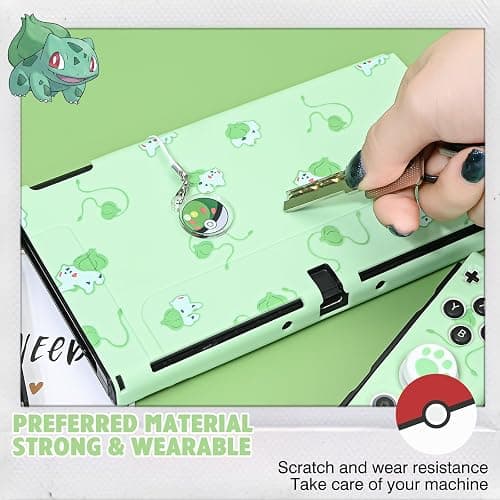DLseego Funda Protectora Compatible con Switch OLED,Carcasa Delgada Suave al Tacto con 2 Tapas de Agarre para el Pulgar y Abalorio de Bolas de Elfo,Absorción de Golpes Antiarañazos,Rana Verde thumbnail 4