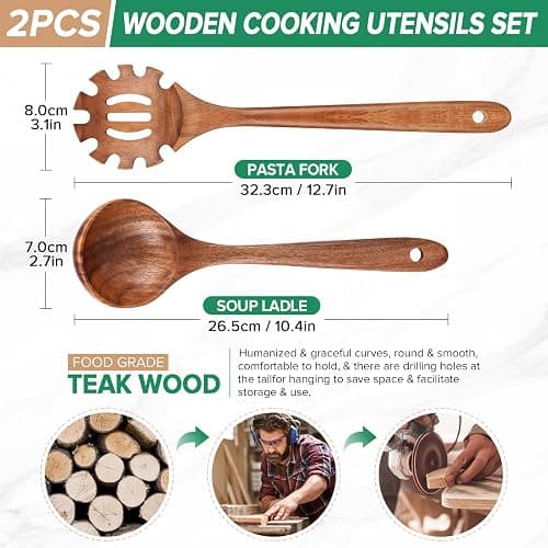 Wooden Spoons for Cooking,2 Pcs Wooden Utensil Set of Soup Ladle &Spaghetti Pasta Spoon with Teeth, Teak Wood Soup Ladle&Slotted Pasta Fork Strainer Spoon Set for Serving Collecting Noodle Gravy Sauce thumbnail 2