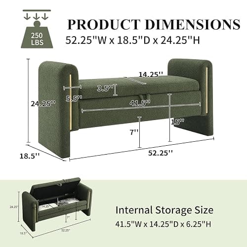 NIOIIKIT 52" Storage Ottoman Bench, Teddy Upholstered Storage Bench with Armrest, Entryway Bench with Pull-Ring, End of Bed Bench, Window Bench for Living Room (Olive Green) thumbnail 2