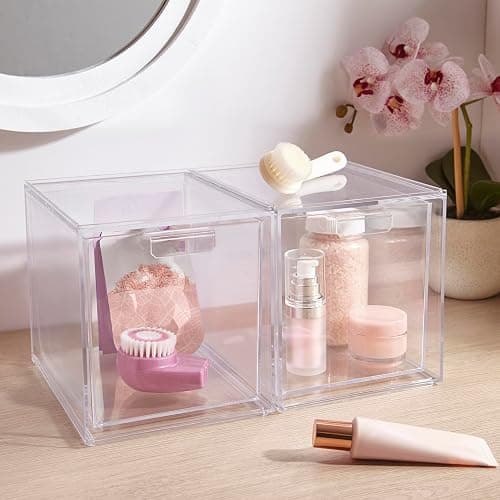 STORi Audrey Stackable Bin Clear Plastic Organizer Drawers | 2 Piece Set | Organize Cosmetics and Beauty Supplies on a Vanity | Made in USA thumbnail 8