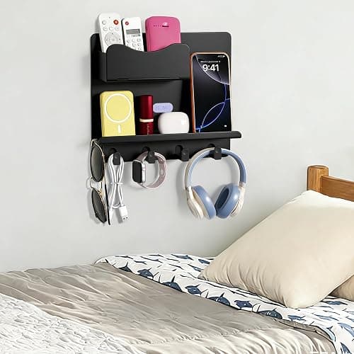 Floating Shelves for Bedside Shelf Accessories Organizer, Wall Mount Self Stick On, Cute Room Decor Aesthetic, Girls Room Decor, Cool Stuff for Bedroom Storage and Organization Black thumbnail 7