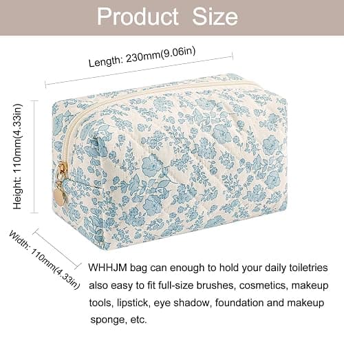 WHHJM Cute Floral Makeup Bag Small Cotton Quilted Cosmetic Bag, Aesthetic Essential Bag Emergency Bag Gift for Women Girls Travel Accessories (Blue Floral) thumbnail 4