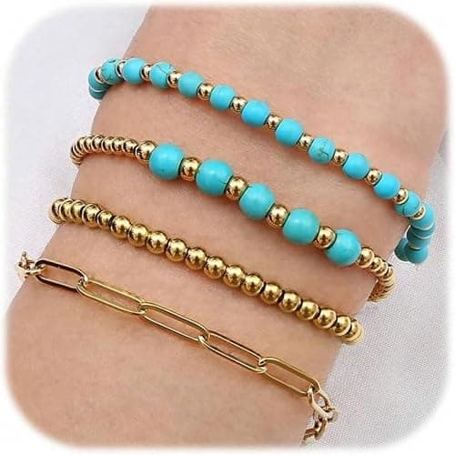 EQUBIO Gold Bracelets for Women Non Tarnish Waterproof | Dainty stackable beaded designs with mixed bead sizes and decorative accents for everyday layering, casual wear and gifting thumbnail 8