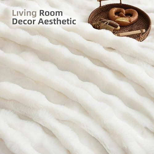 Smoofy Faux Fur Throw Blanket for Couch – Cream White Fluffy Cozy Rabbit Fleece, Plush Soft Bubble Blanket for Sofa & Bed, for Mom, Warm Fuzzy Home Room Decor Throw 50" x 60" thumbnail 7