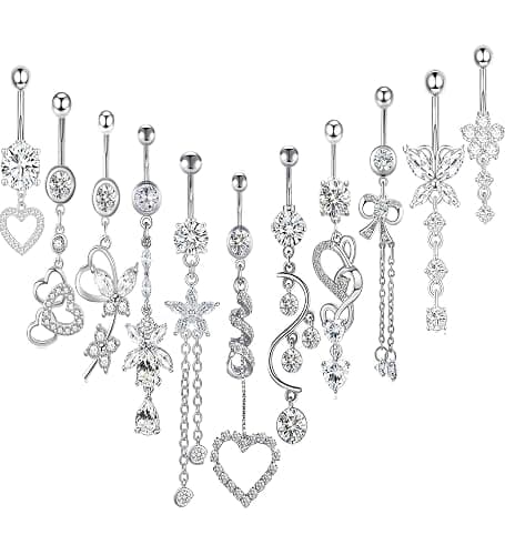 TIANCI FBYJS 14G Women Belly Button Rings Surgical Stainless Steel Dangle Belly Rings 10mm Belly Bar Body Piercing Navel Jewelry Butterfly Heart Flower Dangling Silver Gold Belly Piercings 11pcs - Image 1