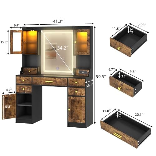 CSZZD Makeup Vanity Desk with Mirror and Lights in 3 Colors, Dressing Vanity Table with Charging Station, Large Vanity Mirror with 6 Storage Drawers & 2 RGB Cabinets for Girls, Women, Rustic Brown thumbnail 2