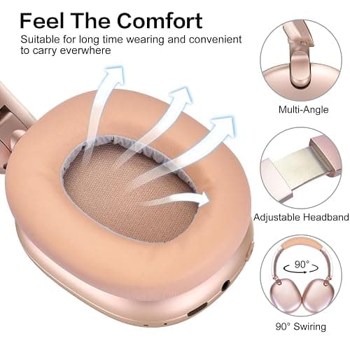 RORSOU C6 Active Noise Cancelling Headphones, Wireless Over Ear Bluetooth Headphones, 60H Playtime, Lightweight Folding Deep Bass Comfort Fit Ear Cups Headset with Mic for iPad/PC/Home Rose Gold thumbnail 4