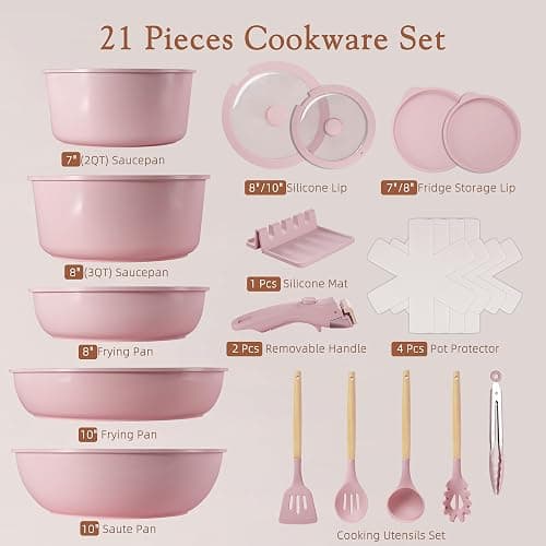 Astercook 21 Pcs Pots and Pans Non Stick Ceramic Cookware Set, Detachable Handles, RV Kitchen Cooking Set, Oven Safe, Induction Ready, Stackable, Pink thumbnail 9