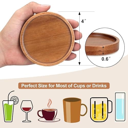 6 Pcs Best Wooden Coasters with Holder Coffee Table Decor Acacia Wood Coaster Set Modern Cup Coaster for Drink Home Dining Table Kitchen Accessories Cute Beer Bar Decorative Rustic Outdoor Coasters thumbnail 3