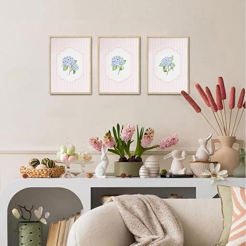Framed OAK Wood Wall Art Pink And Blue Floral Canvas Artwork | Chinoiserie Flower Pictures Wall Decor Set of 3 Hydrangea Aesthetic Paintings for Bedroom Bathroom Living Room 12x16in thumbnail 4
