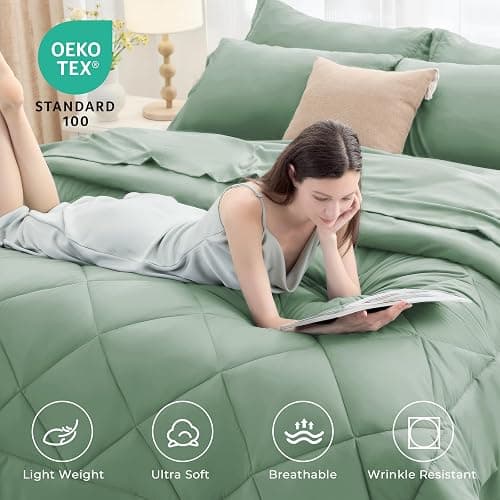 HEVUMYI Light Green Queen Comforter Set - 7-Piece All Season Bed in a Bag Queen, Ultra Soft Bedding Set with Comforter, Flat Sheet, Fitted Sheet, Pillowcases, Pillow Shams - Light Green - Queen thumbnail 2