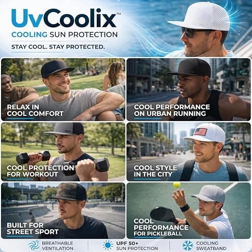 UVCoolix™ Cooling Sweatband Flat Bill Golf Baseball Cap,Breathable Sun Protection,Water-Resistant Snapback Performance Hat thumbnail 6