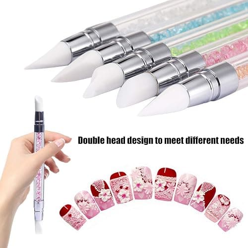 Hanyousheng 5Pcs Silicone Nail Art Sculpture Pen, Dual Tipped Silicone Rhinestone Nail Polish Carving Pen, Nail Art DIY Decoration Tool Nail Polish Brush Dotting Salon Tool Set thumbnail 6