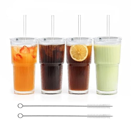 20 oz Ribbed Glass Tumblers with Lids and Straws – Set of 4 Thickened Glassware, Elegant Durable Ribbed Drinking Glasses Bulk for Iced Coffee Cups, Cocktails, Smoothies, Juice, Hot or Cold Beverages - Image 1