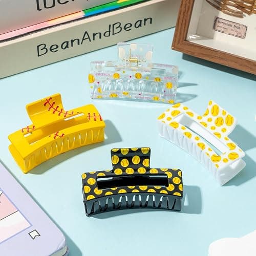 PANTIDE 4Pcs Softball Hair Claw Clips for Women Girls - Sport Game Day Rectangle Nonslip Banana Hair Clips, Thin Thick Short Long Curly Hair Accessories, School Daily Softball Party Birthday Gift thumbnail 4