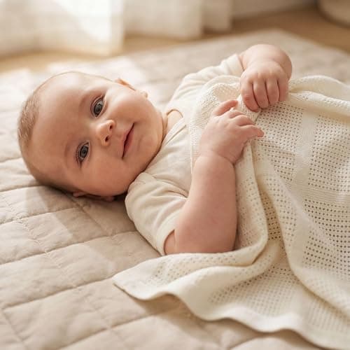Bloomsbury Mill - Cellular Blankets Baby - 100% Organic Cotton - 2 Pack - Cream - Newborn Essentials - Soft Breathable Baby Blankets for Pram, Cot, Moses Basket - 75x95cm thumbnail 7
