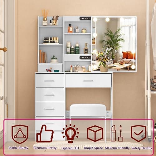 Caulitar White Vanity Desk with Mirror and Lights, 6 Drawers 6 Shelves 1 Stool & 3 Modes Slide Mirror Makeup Vanity for Teens Girls Bedroom, 51.6" H thumbnail 6