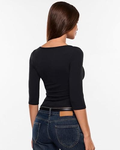 INLYRIC Women's Boat Neck 3/4 Length Sleeve Tops | Single Layer, Crew Neck, T Shirts, Basic Tees, Slim Fitted, Going Out Tops thumbnail 5