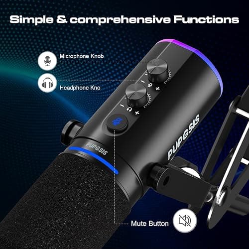 P PUPGSIS XLR/USB Podcast Microphone, Gaming Mic with Mute Button, Reverb Effects, Noise Cancellation, Boom Arm Stand, Headphones Jack, Dynamic Microphone for Streaming/Recording/Gaming/Vocal-Black thumbnail 3