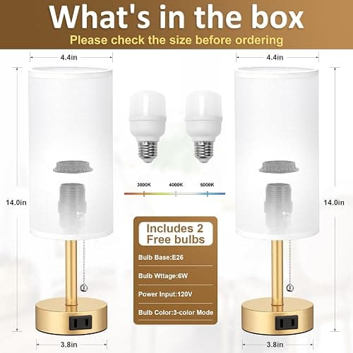 Fenmzee Gold Bedside Table Lamps Set of 2-3 Color Temperatures Pull Chain Lamp with AC Outlet Charging Port, Two Round Night Stand Lamps for Bedroom Office Living Room thumbnail 4