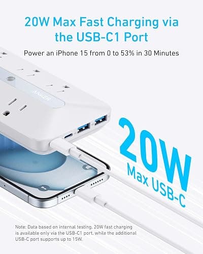 Anker Wall Charger, 300J Surge Protector, 10-in-1 Outlet Extender, 6 AC, 2 USB A, 2 USB C Ports, Wide-Spaced Outlets and 20W Fast Charging, Desk Charging Station, Home Office, Dorm, Room Essential thumbnail 4
