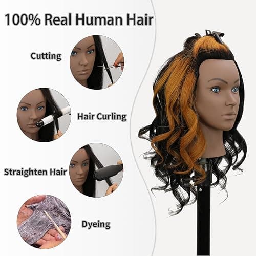Sirydtm 18" Mannequin Head Human Hair 100% Real Human Hair Mannequin Head Cosmetology Makeup Doll Training Head With Table Clamp Stand for Curling, Cutting Dyeing & Hairdresser School Training thumbnail 4