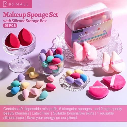 BS-MALL Mini Makeup Sponge Set Professional Triangle Puff 49 Pcs- Pro V3.0 Cloud Technology Material Flawless flow Mini Sponge Set & Triangle Puff With Waterproof Travel Silicone Bag Gift Set thumbnail 7