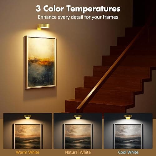 3Pcs Battery Operated Picture Light, Magnetic Led Painting Light with Remote Dimmable and Timer, 3 Lighting Modes Art Display Light for Picture Frame Paintings, Wireless Wall Decor Puck Lights, Gold thumbnail 2