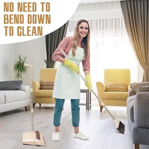 XXFLOWER Broom and Dustpan Set with Long Handle, Light Weight Stainless Steel Poles Stand Upright Dustpans with Broom Combo for Home Kitchen Office Pet Dog Hair, Brown & Beige Color, 1-Pack thumbnail 3