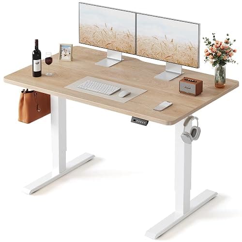 FEZIBO Standing Desk, 48 × 24 Inches Electric Height Adjustable, Sit and Stand Up, Computer Office Desk with Splice Board, White Frame/Maple TOP - Image 1