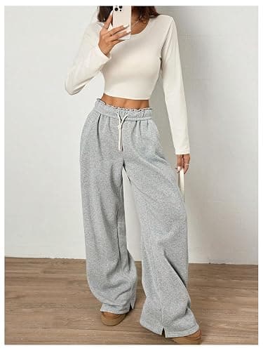RoseSeek Women's Foldover Drawstring High Waisted Sweatpants Wide Leg Split Baggy Workout Trousers Pants thumbnail 5