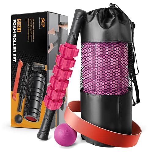 5 in 1 Foam Roller Set for Deep Tissue Muscle Massage, High Density Fitness Exercise Foam Roller, Massage Roller, Massage Ball, Resistance Band, for Whole Body (Pink-Black) thumbnail 8