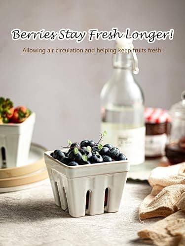 Gomakren Ceramic Berry Basket Set of 2, Square Fruit Bowl with Holes, Small Fruit Basket Containers for Kitchen Counter, Berries, Strawberry, Grape, Cherry, White thumbnail 2
