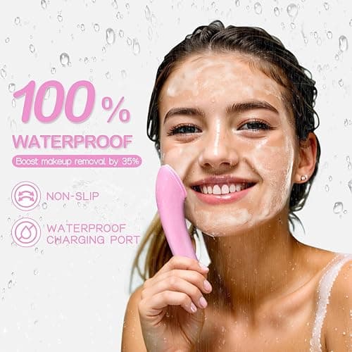 PRITECH Facial Cleansing Brush, Rechargeable Silicone Face Scrubber with Heat Massage End, Vibrating Exfoliator Scrubber for Deep Cleaning, Waterproof Face Brush for Women and Men (Pink) thumbnail 6