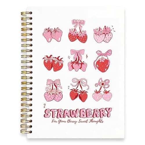 JDGHGB Strawberry Notebook,Cute Spiral Journal Pink Bow Strawberry Notebook Pink Office and School Supplies Preppy Gift for Students Women, 8.3 x 6 Inches - Image 1
