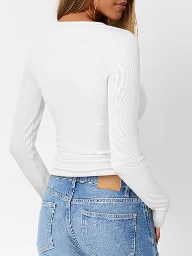 Trendy Queen Long Sleeve Shirts for Women Henley Ribbed Fall Tops Dressy Business Casual Teen Girl Winter Cute Basic Tees thumbnail 4