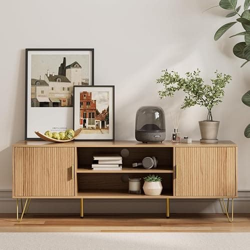 Apetaccat TV Stand for 55-65 Inch TV, Entertainment Center with Soft Hinge Door,TV Console Table with 2 Cabinets with Gold Handle and Feet,for Living Room, Bedroom, Oak thumbnail 5