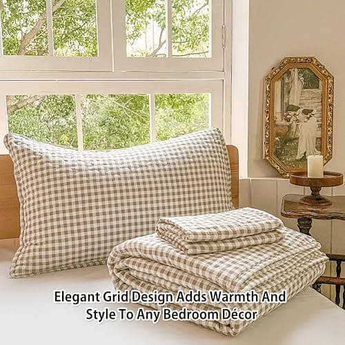Tan Gingham Queen Quilt Set, Soft Pre-washed Microfiber Taupe Plaid Queen Bedspread, Lightweight Checked Summer Quilt, Grid Bedding Coverlets for All Seasons (Includes 1 Quilt, 2 Pillow Shams) thumbnail 4