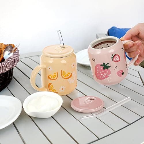 Noamus 2 Pack Cute Ceramic Mugs with Lid and Straw, 13 Oz Fruits Pattern Coffee Cup with Handle, Handmade Strawberry Orange Tea Cup for Office Home, Hot Ice Water Chocolate Milk, Women Gift thumbnail 2
