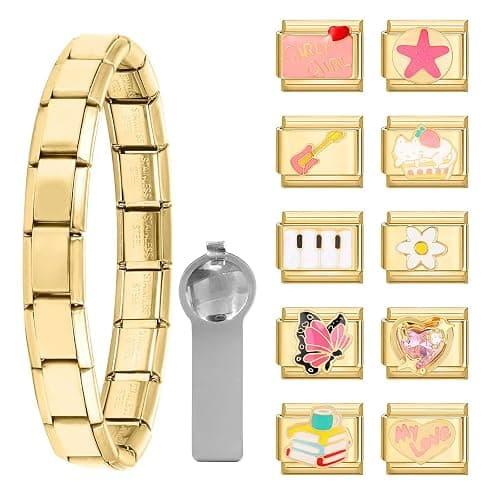 papasgix Italian Charm Bracelet Charms Set Charms Brascelets 9mm Assorted Italian Charms Bracelet Links Handmade DIY Jewelry Gifts(Gold Red) - Image 1