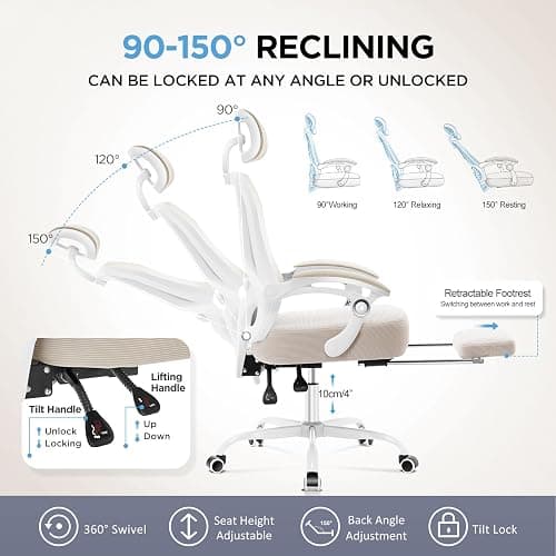 Ergonomic Office Chair with Footrest,Ultra Thick Reclining Desk Chair with Adjustable 2D Lumbar Support and Headrest,Spring Cushion,High Back Premium Mesh Computer Chair,Cream thumbnail 6