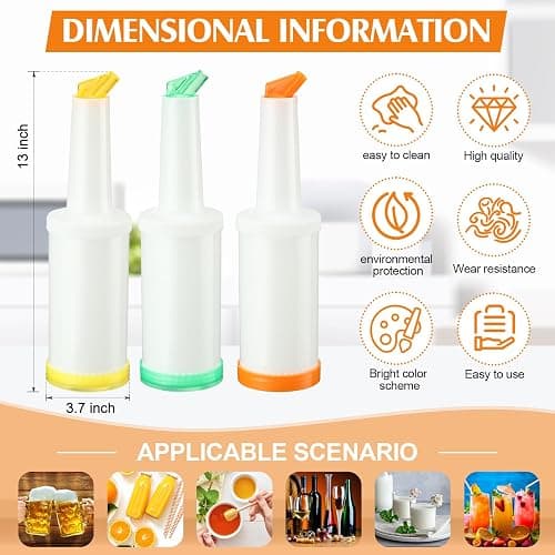 CHENGU 3 Pcs Bar Pour Colorful Juice Pouring Bottle Containers 34 oz Plastic Juice Dispensers for Bar Home Party Kitchen Supplies (Green,Yellow,Orange) thumbnail 3