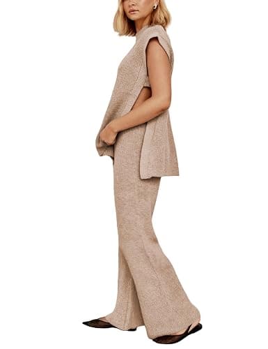 Lviefent Womens 2 Piece Outfits Sweater Set Sleeveless Side Slit Pullover Top Knit Wide Leg Pants Lounge Matching Sets - Image 1
