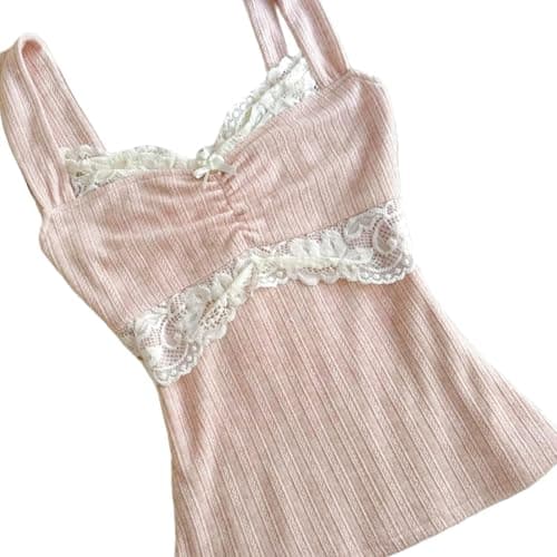 Women Fairy Grunge Tank Tops Vintage Aesthetic Lace Trim Cami Shirt Slim Fit Knit Ribbed Coquette Clothes thumbnail 3