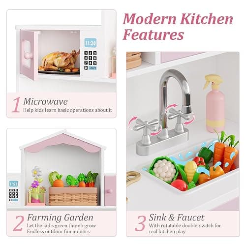 Keyluv Wooden Play Kitchen for Kids and Toddler, Montessori Toy Kitchen Playset with Plenty of Pretend Play Features and Storage Drawers, Gift for Boys and Girls, Pink thumbnail 5