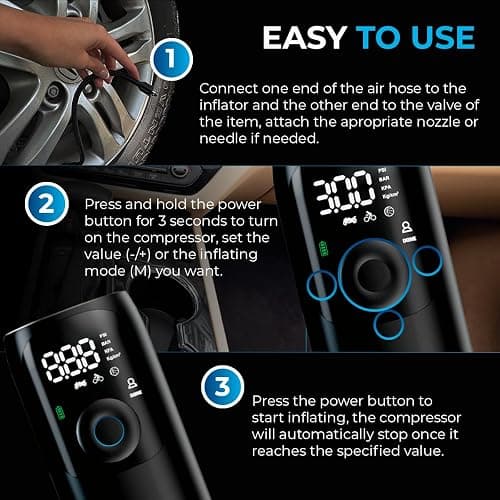 AUTOSKY Portable Tire Inflator & Air Compressor – Car Accessories with Flashlight & Power Bank, Air Pump for Car Tires, Bike Pump & Ball Pump, 150 PSI Fast Inflation, Digital Display & Auto Shutoff thumbnail 5