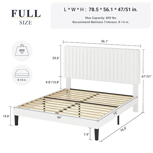 Allewie Full Bed Frame, Velvet Upholstered Platform Bed with Adjustable Vertical Channel Tufted Headboard, Mattress Foundation with Strong Wooden Slats, Box Spring Optional, Easy Assembly, Off-White thumbnail 2