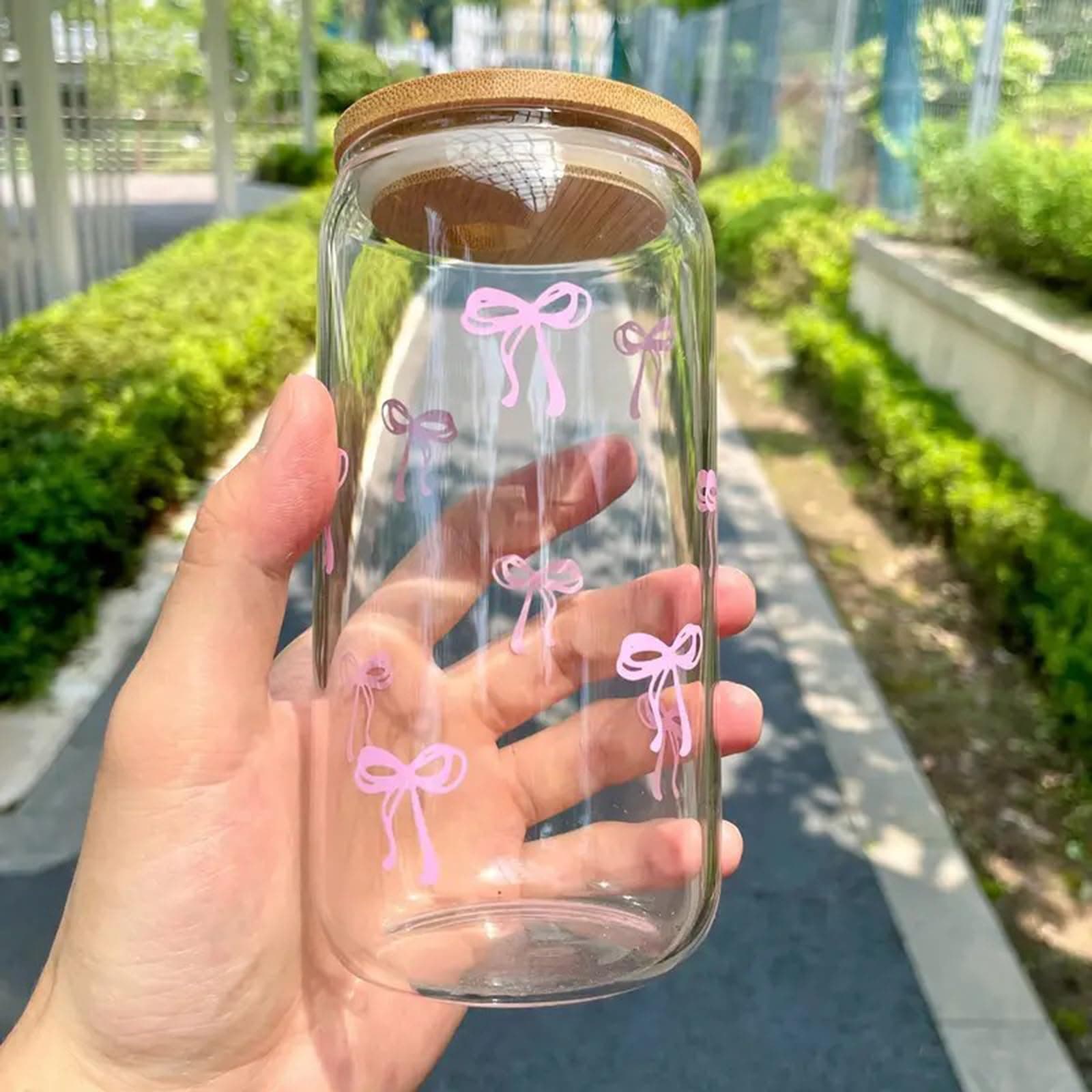 Pink Bow Tumbler with Straw and Lid Aesthetic Glass Cups Iced Coffee Cup Pink Cute Glass Cups 17oz Tumbler Smoothie, Gifts for Girls Women Friends, 520ml thumbnail 4