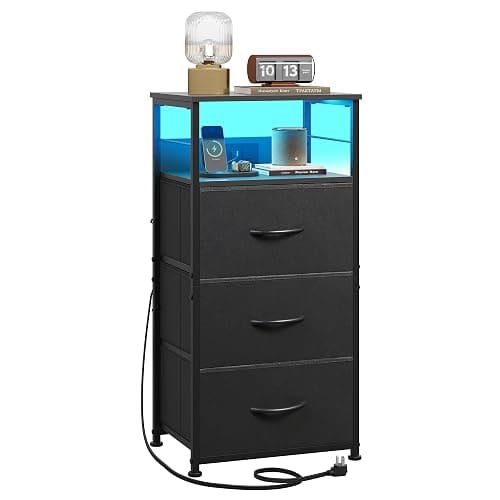 WLIVE LED Nightstand with Charging Station, Black Night Stand with 3 Fabric Drawers and Storage Shelf, Small Dresser for Small Space, 31.9" H Bedside Table with USB Ports and Outlets for Bedroom - Image 1